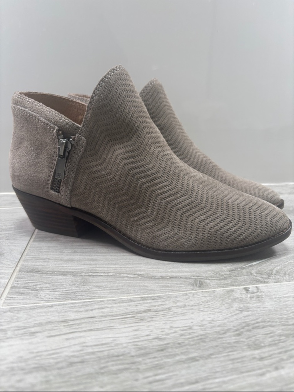 Lucky Brand Taupe Suede Ankle Booties Side Zip Low Heel Wedge Size 8M NWOT